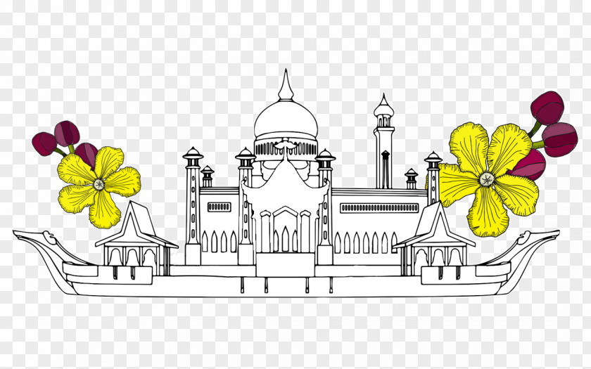 Brunei MOSQUE Floral Design Line Art Drawing PNG