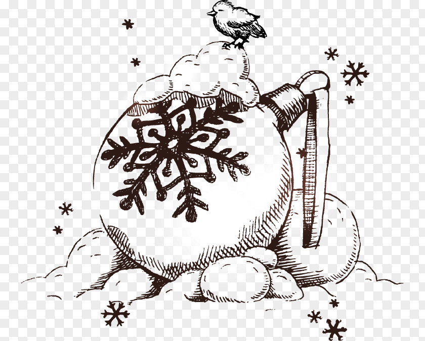 Hand Drawn Sketch Snow Snowball Birds Christmas Drawing Snowman Illustration PNG