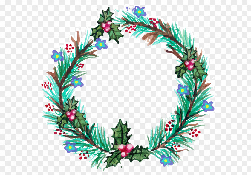 Hand Painted Round Green Leaf Frame Wreath Santa Claus Christmas Clip Art PNG