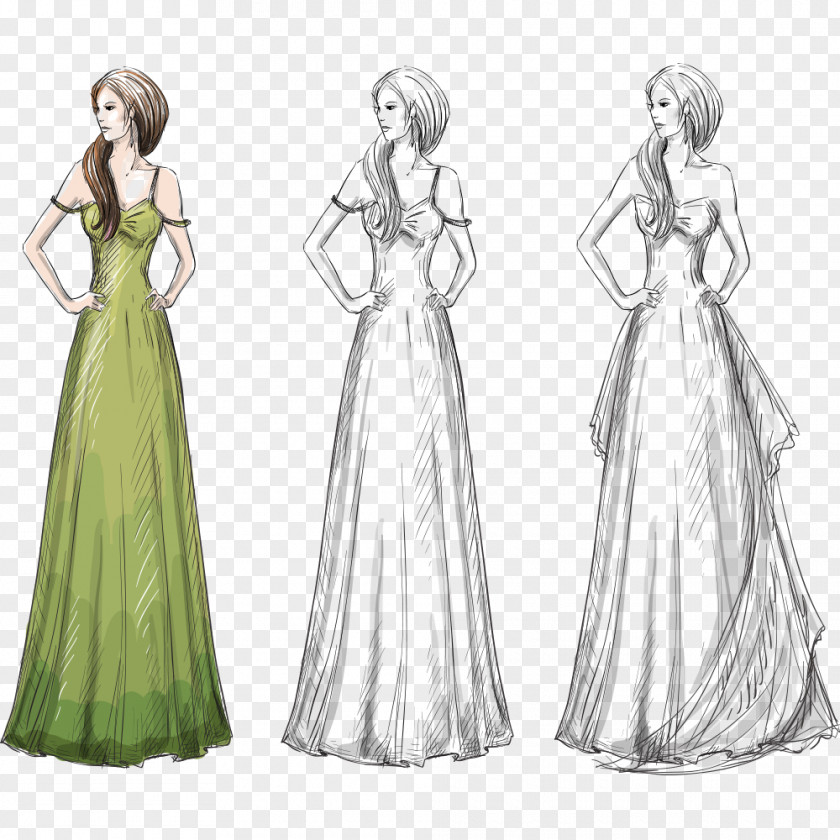 Hand-painted Vector Model Dress Drawing Sketch PNG