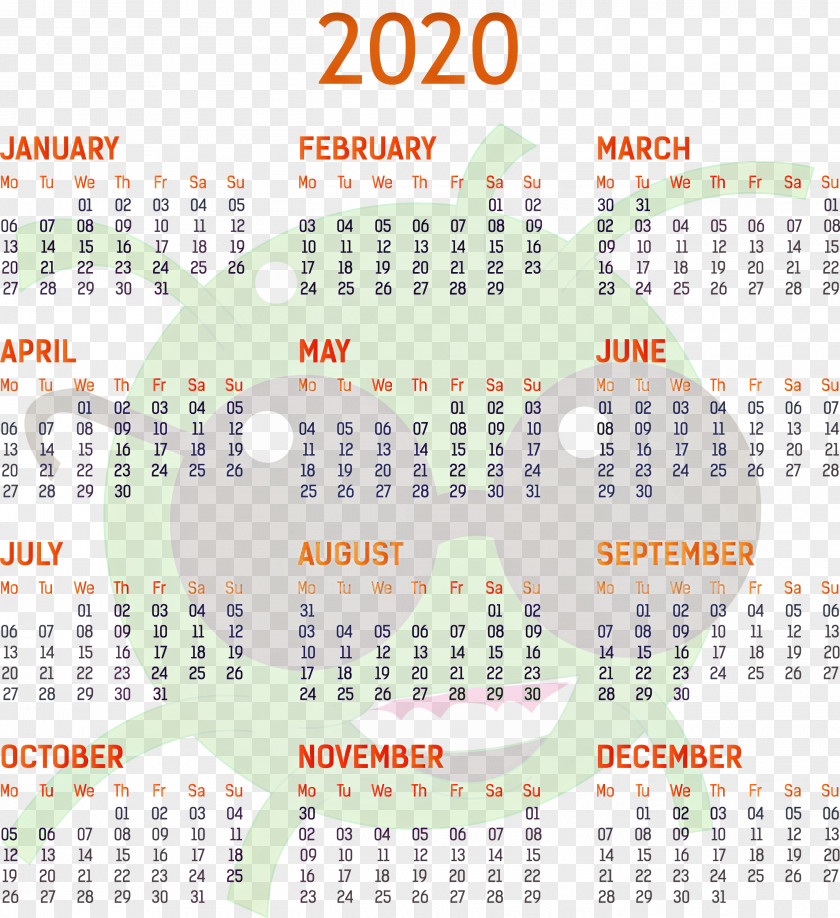 2020 Yearly Calendar Printable Template Full Year PNG