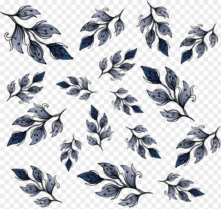 Blue Hand Painted Watercolor Leaves Pattern Painting Motif PNG