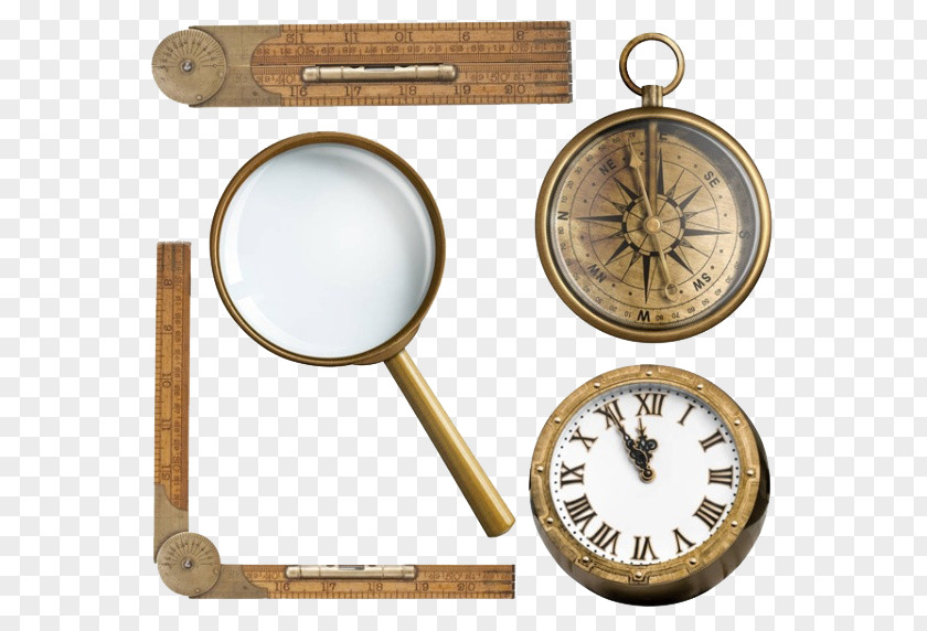 Magnifier Compass Clock Stock Photography Antique Retro Style PNG