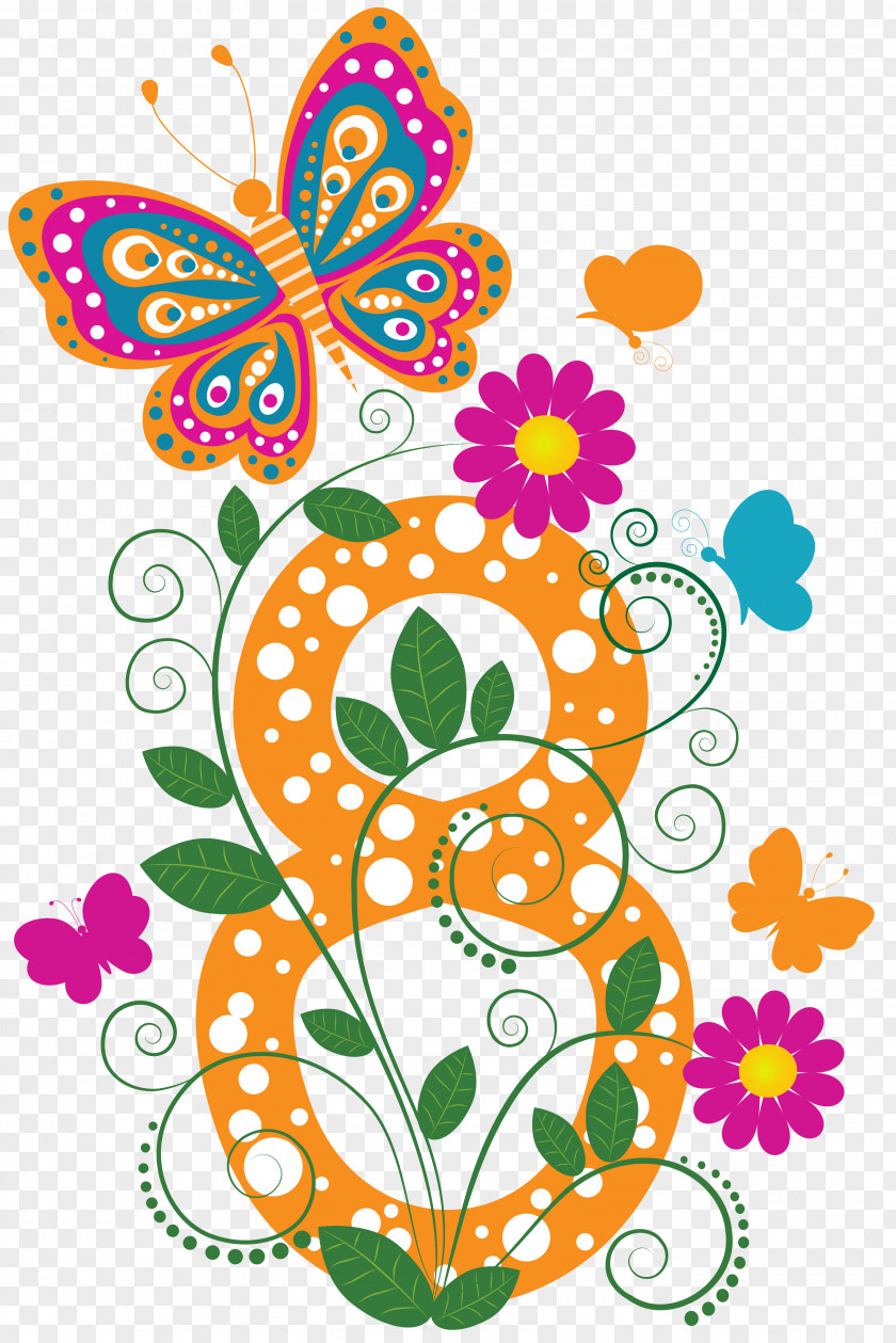 March Butterfly Numerical Digit 8 Flower PNG