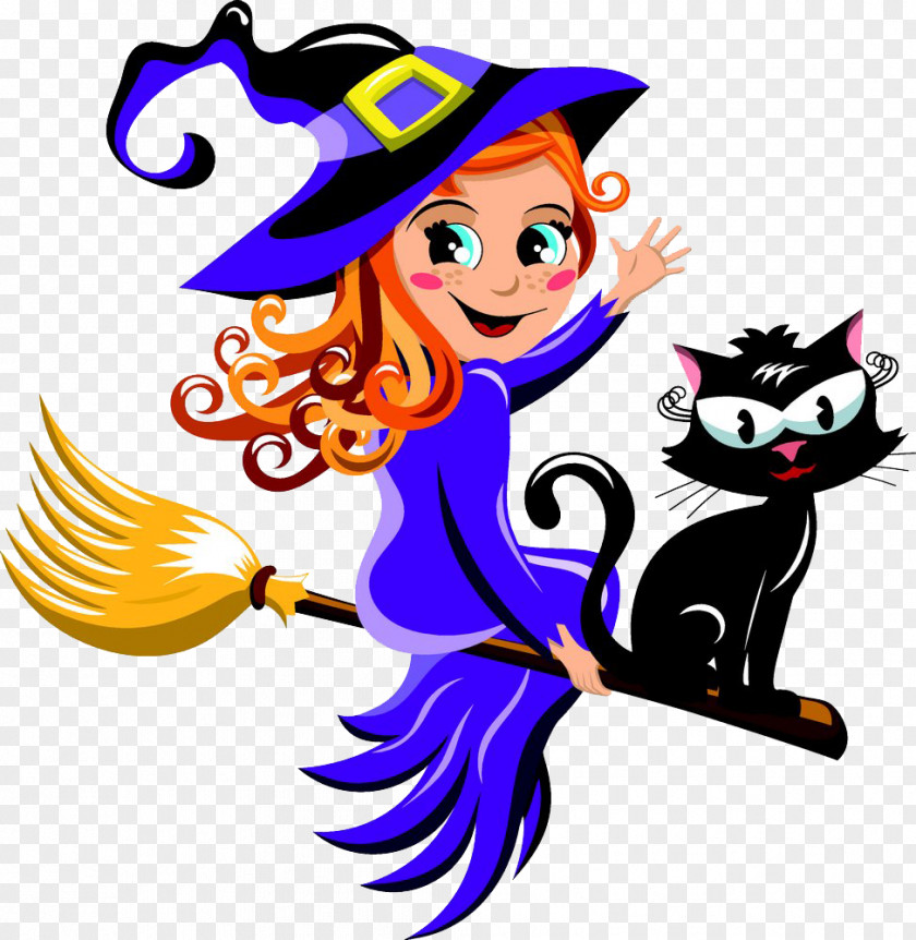 Witch Sitting On Broom Black Cat Witchcraft Halloween PNG