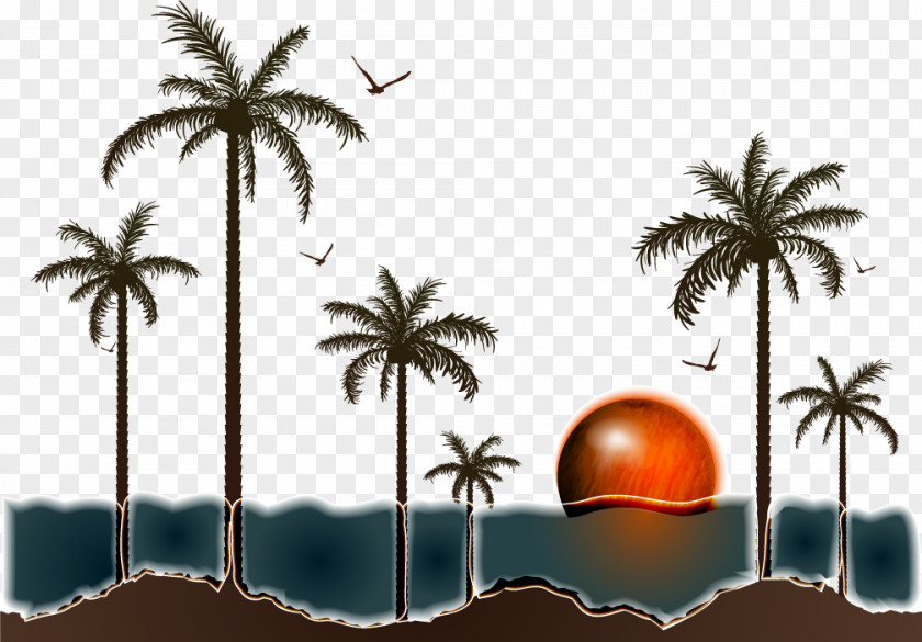 Coconut Tree At Sunrise Vector Illustration Fukei Cartoon PNG