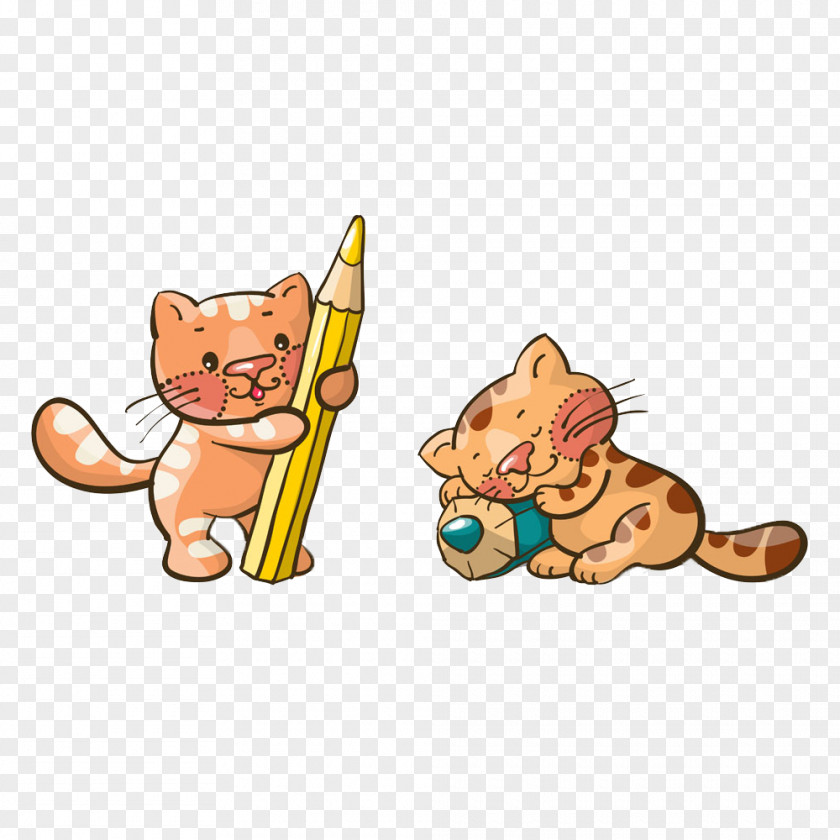 Two Cute Cartoon Cat Holding A Pencil Kitten Cuteness Illustration PNG