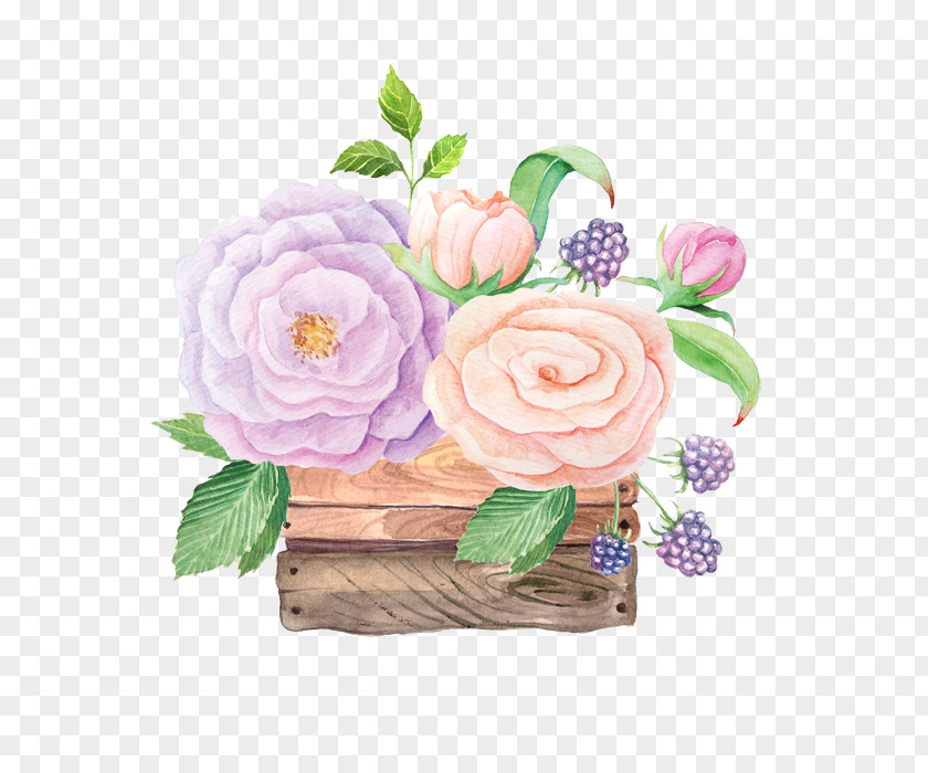 Watercolor Flower Baskets Garden Roses Painting Wooden Box Crate Illustration PNG