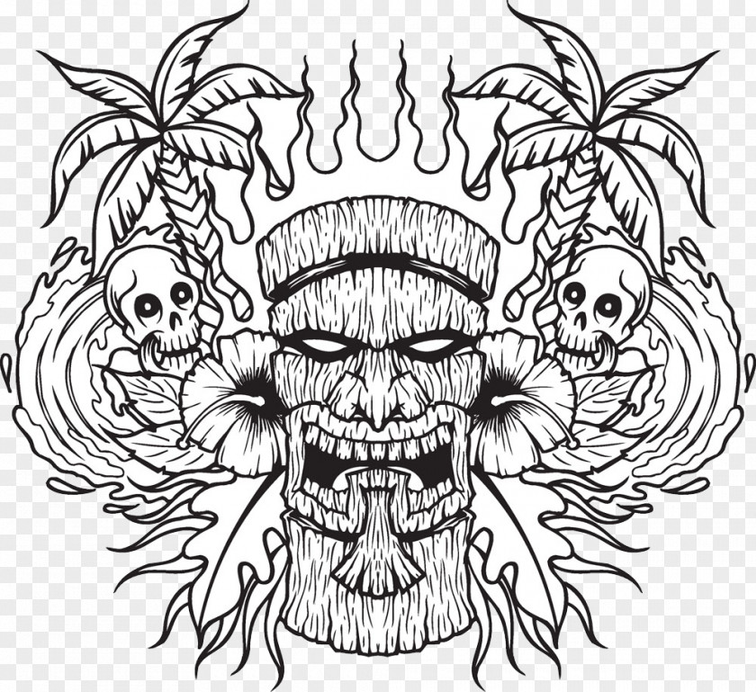 Skull Vector Mask Tiki Cartoon Illustration PNG