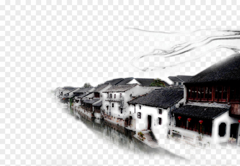 Town Building Shanghai Wuzhen Jiangnan Ink Wash Painting Chinese PNG