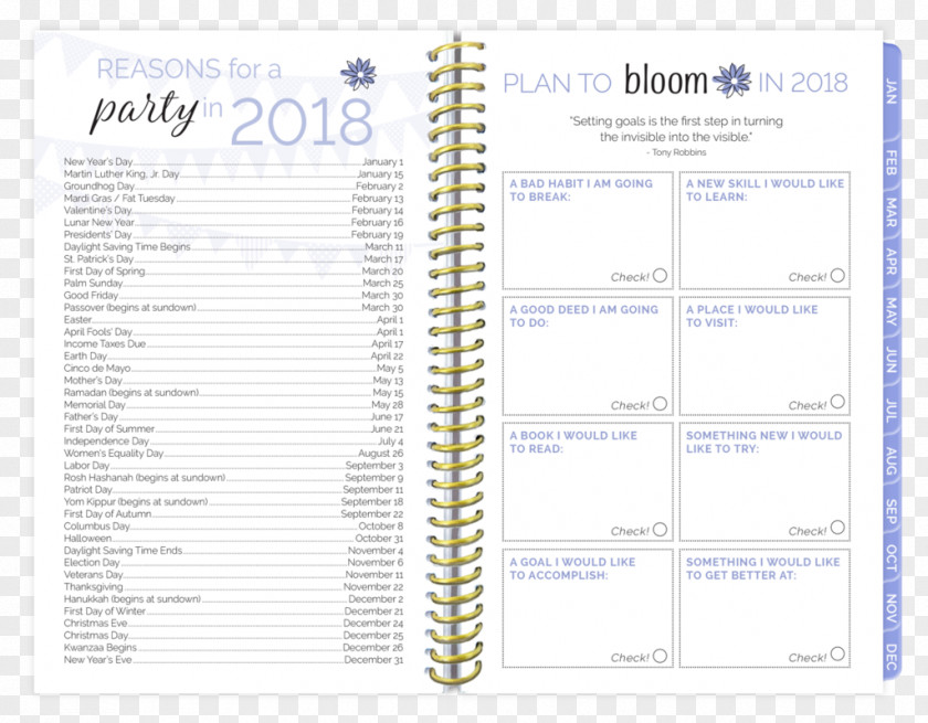 2018 Feather Calendar Personal Organizer Goal Paper Hardcover PNG