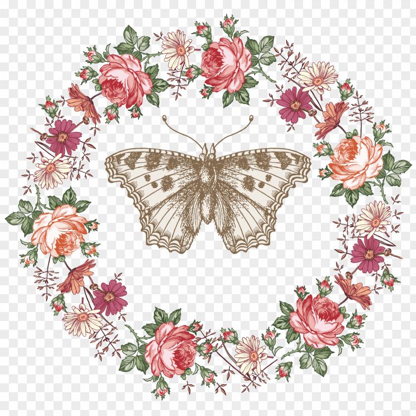 Retro Wreath Frame And Butterfly Vector Drawing Illustration PNG