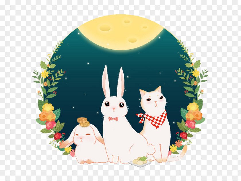 Bunny Kitten Mooncake Mid-Autumn Festival Moon Rabbit Change Illustration PNG