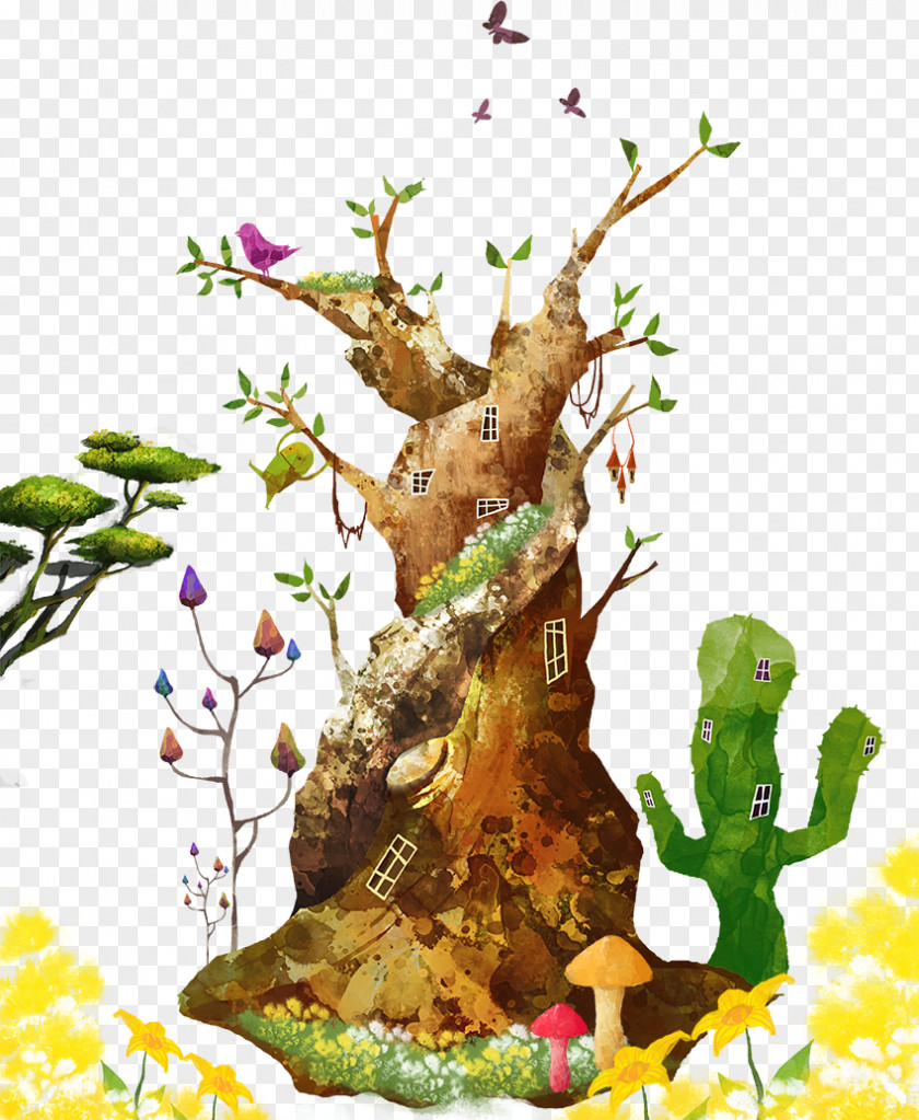 Cartoon Tree And Birds PNG