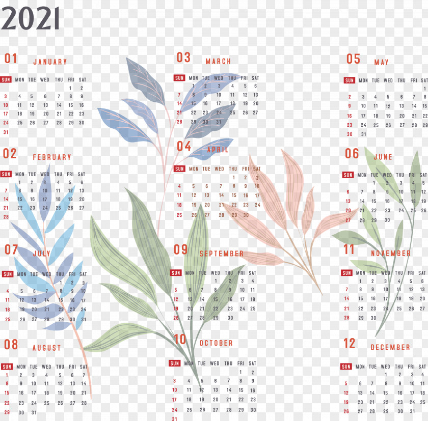 Year 2021 Calendar Printable Yearly Full PNG