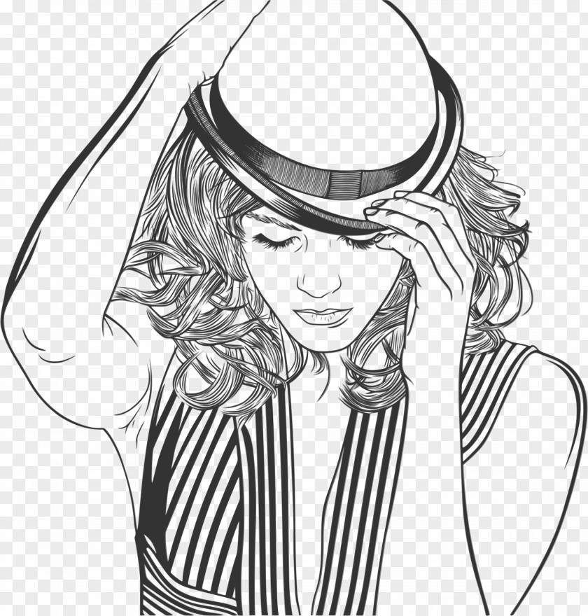 Line Art Woman With A Hat Clip PNG