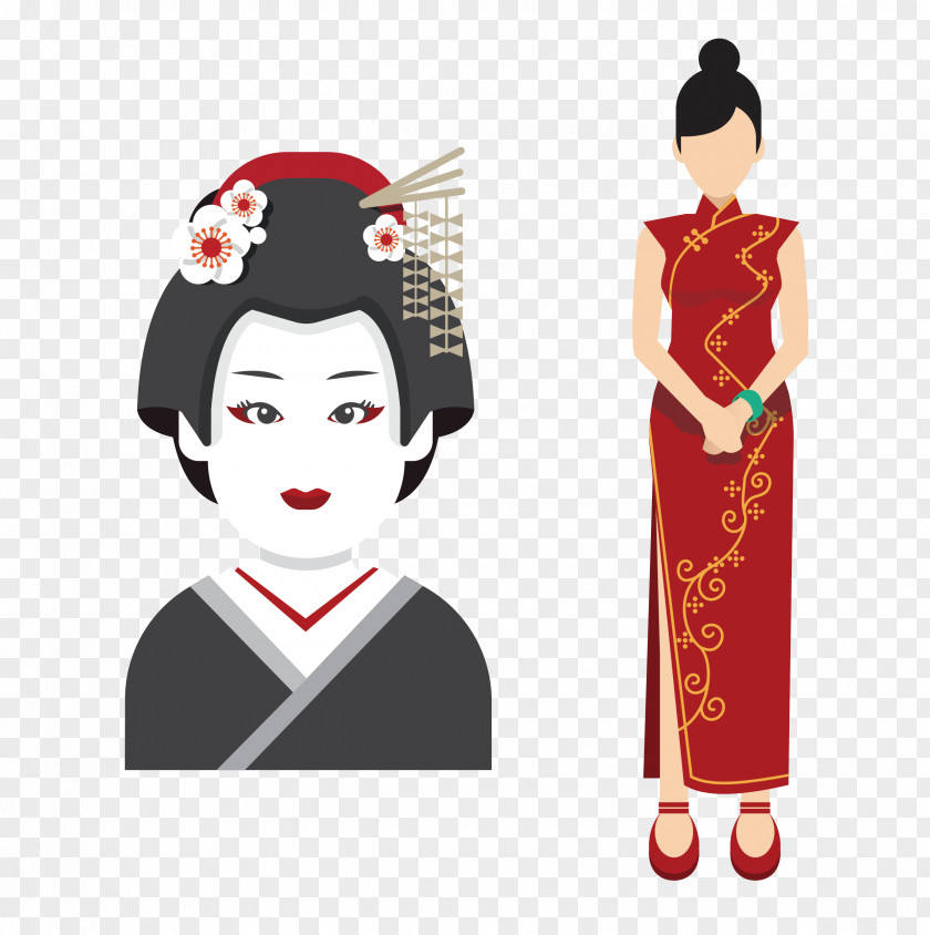 Chinese Cheongsam Woman With Japanese Geisha Japan Icon PNG