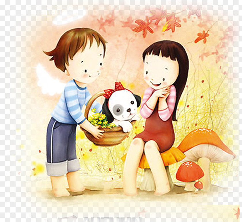 Autumn Have Friendship Puppy Cartoon Couple Wallpaper PNG