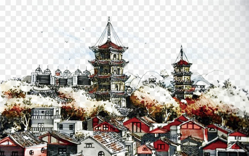 Hand-painted Town Poster PNG