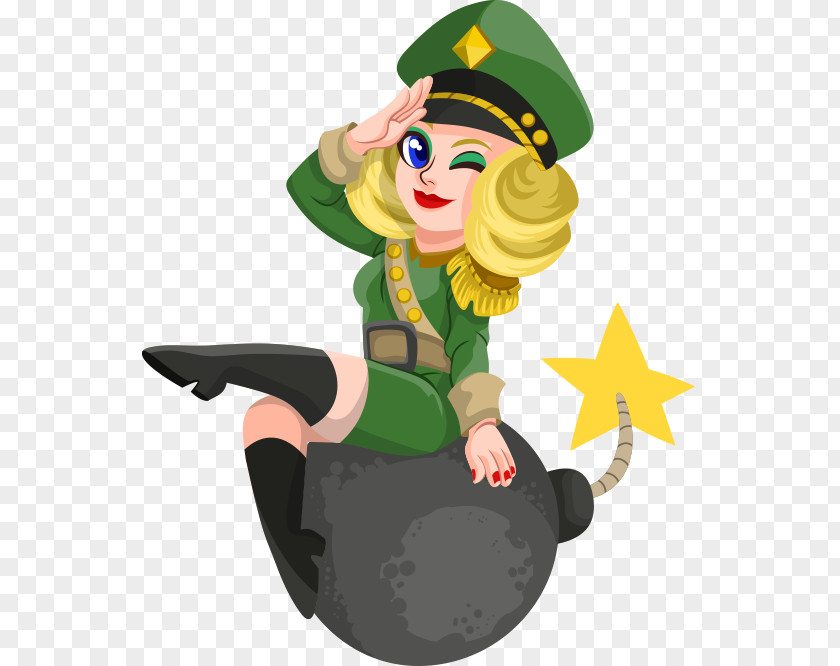 Beautiful Hand-painted Cartoon Sitting On A Bomb Soldier Female Clip Art PNG