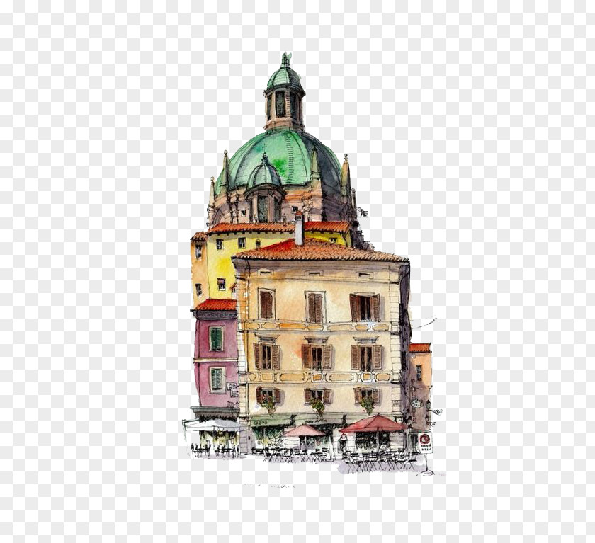 Cartoon Hotel Building Watercolor Painting Drawing Architecture Sketch PNG