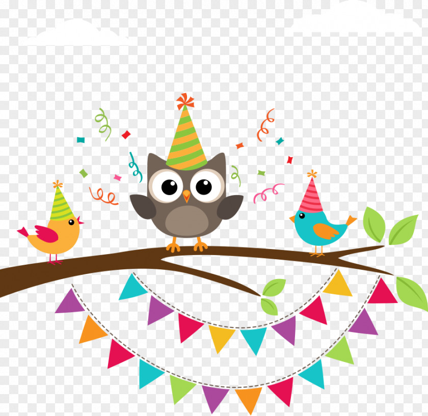 Hand-painted Cartoon Owl Colored Bird On Branch Birthday Greeting Card Clip Art PNG