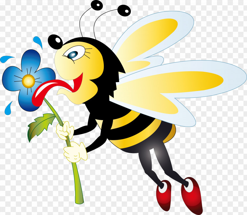 A Bee Element With Wings Holding Flowers Honey Bumblebee Beehive Clip Art PNG