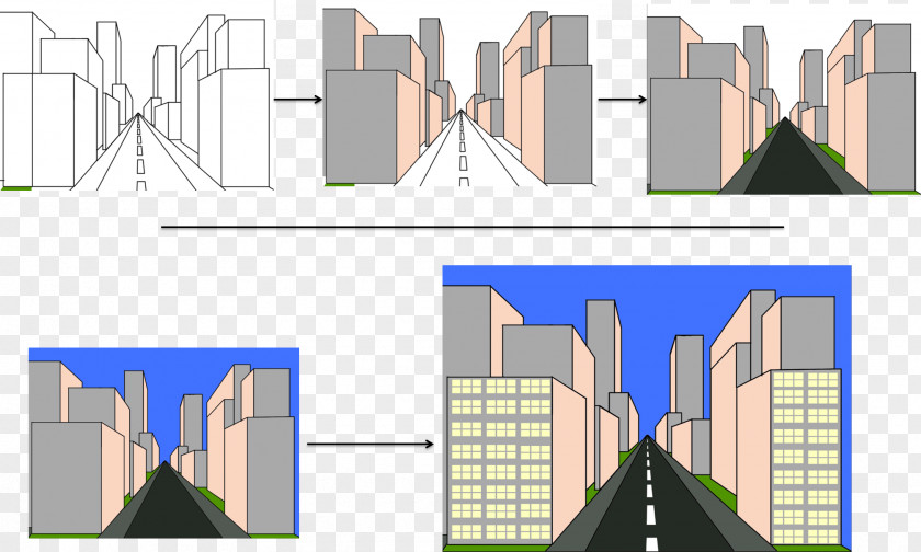 A Perspective View Drawing Facade Building PNG