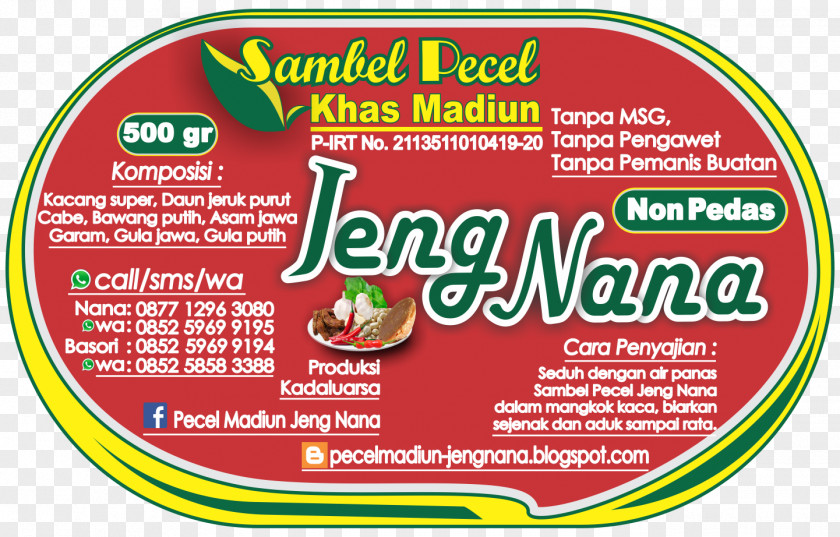 Pedas Sambal Pecel Natural Foods Bumbu PNG