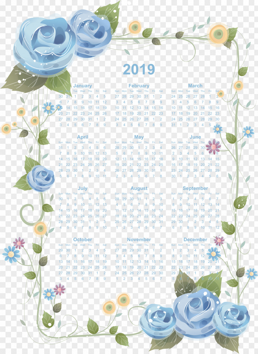 12 Month Calendar 2019 Printable With Flower Board PNG