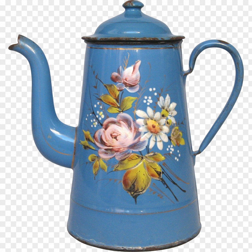 Hand-painted Flowers Decorated Kettle Mug Ceramic Pottery Cobalt Blue PNG