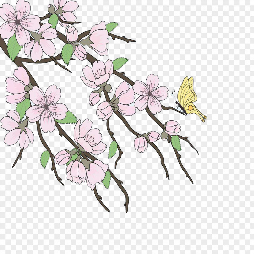 Beautiful Hand-painted Cherry Trees Buckle Free Material Blossom Drawing Branch PNG