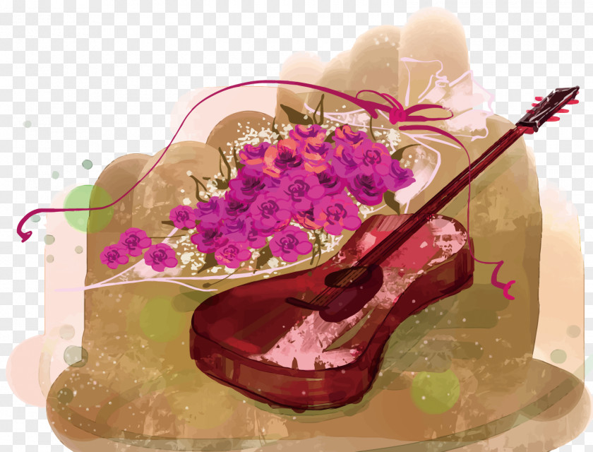 Vector Violin And Flower Watercolor Painting PNG