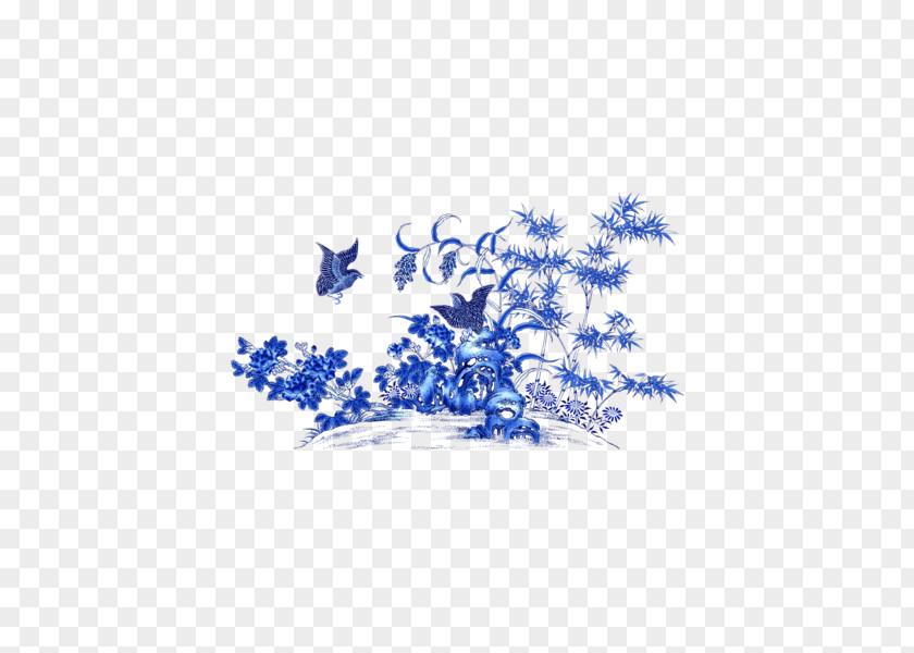 Blue Merlin, Bamboo And Chrysanthemum White Pottery Motif Ceramic Clip Art PNG
