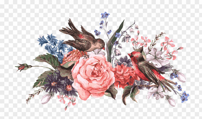 Continental Retro Flowers And Birds Bird Flower Stock Illustration PNG