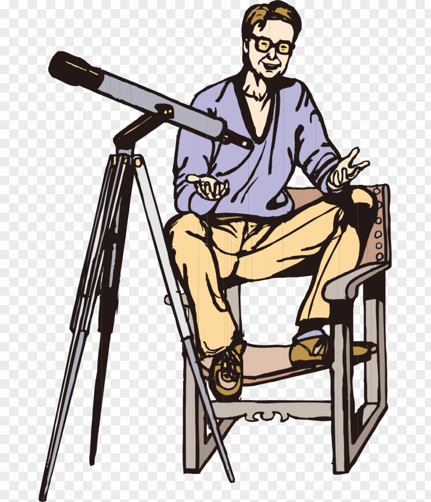Hand-painted Cartoon Man Sitting On A Chair Telescope Clip Art PNG