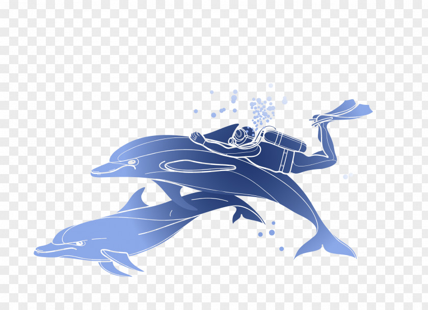 Vector Blue Ocean Dolphin Diver Scuba Diving Snorkeling Illustration PNG