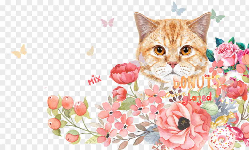 Ink Cat And Floral Background Kitten Cuteness Wallpaper PNG