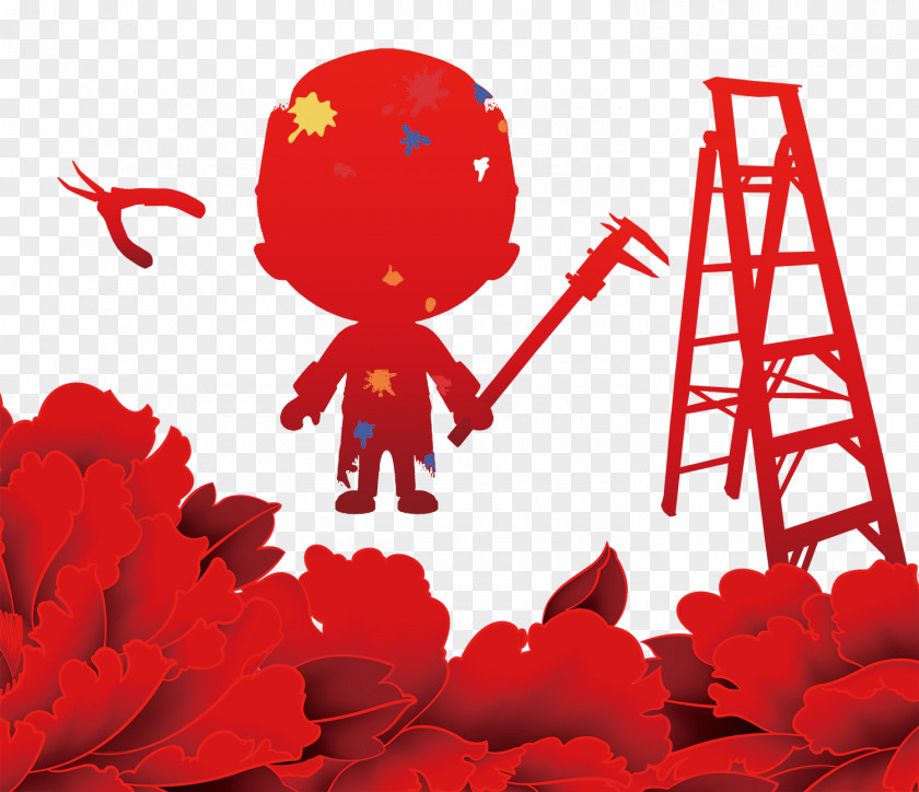Red Flowers Ladder Pliers Illustration PNG