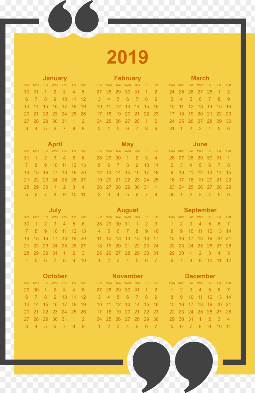 Simple 2019 Calendar With Holidays Printable Free. PNG