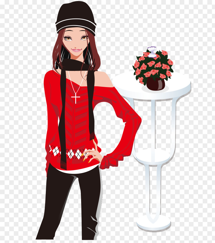 Flowerpot Hat Scarves Hand-painted Cartoon Beauties Woman Fashion PNG
