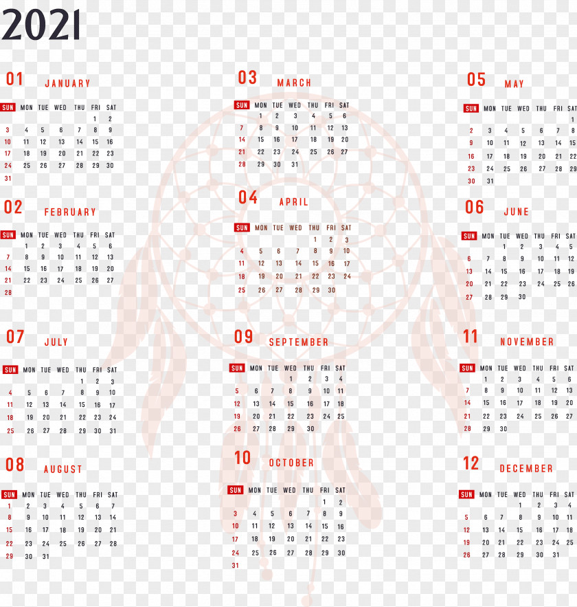 Year 2021 Calendar Printable Yearly Full PNG