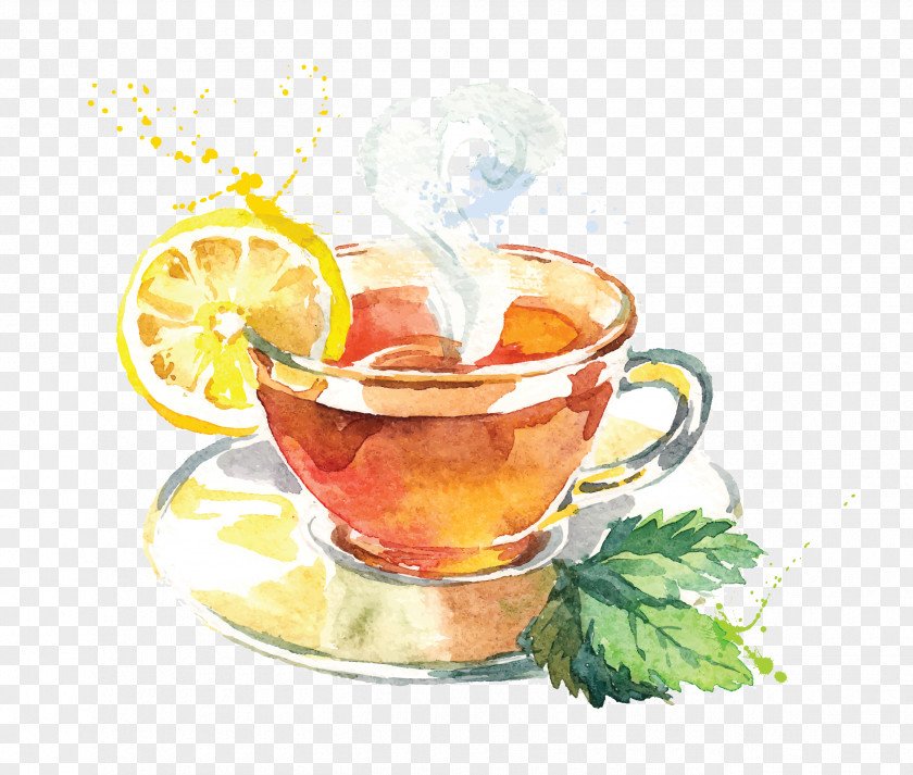 Flavour Green Tea Flowering Watercolor Painting PNG
