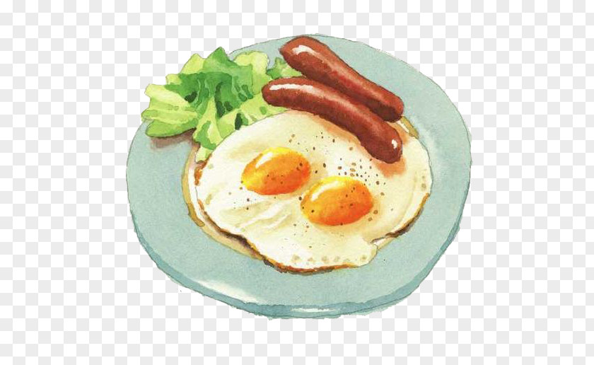Cartoon Sausage Eggs Japanese Cuisine Breakfast Watercolor Painting Food Illustration PNG