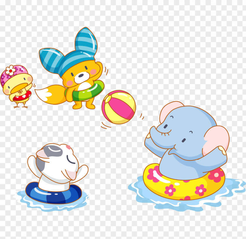 Hand-painted Cartoon Vector Cute Baby Elephant Playing With A Ball Swimming Cuteness PNG