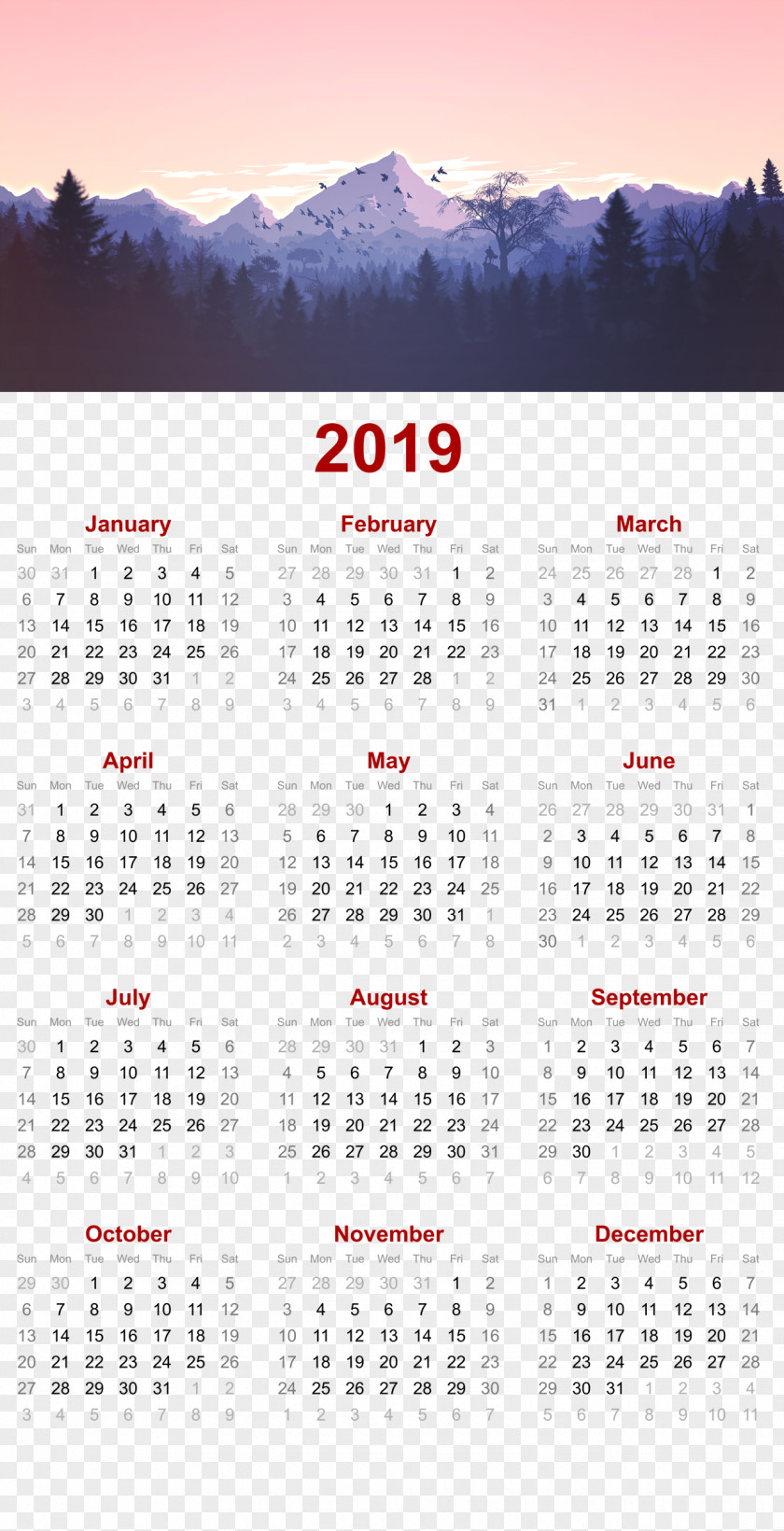 Mountain Nature Design.pOthers 2019 Printable Calendar PNG