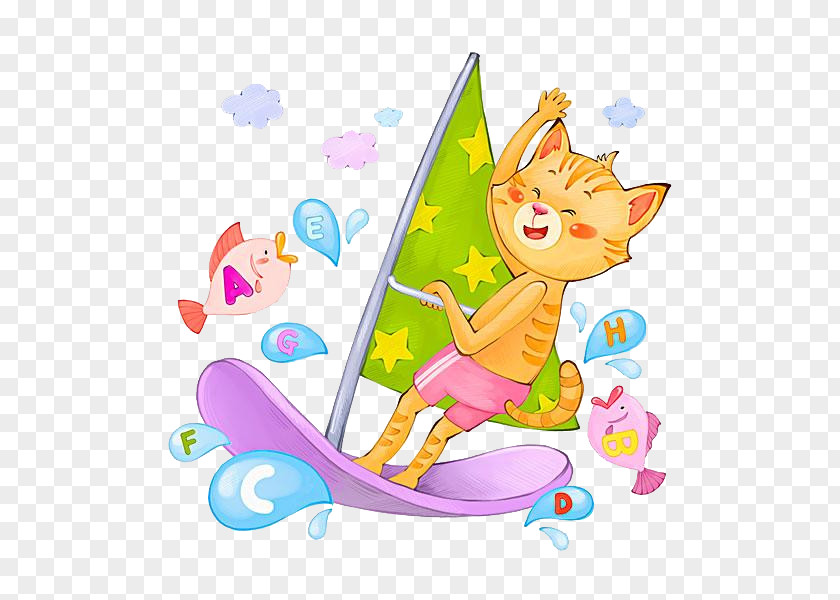 Sailing Kittens Surfing Illustration PNG