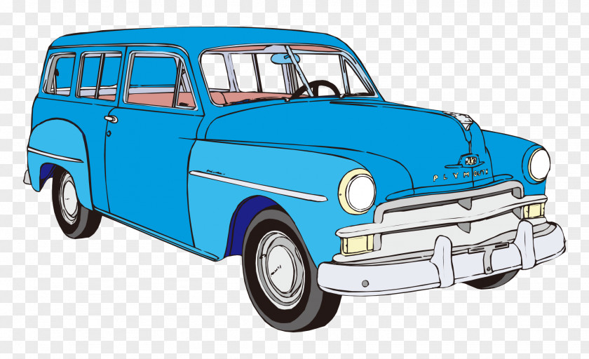 Vector Cartoon Classic Car Painted Blue Vintage PNG