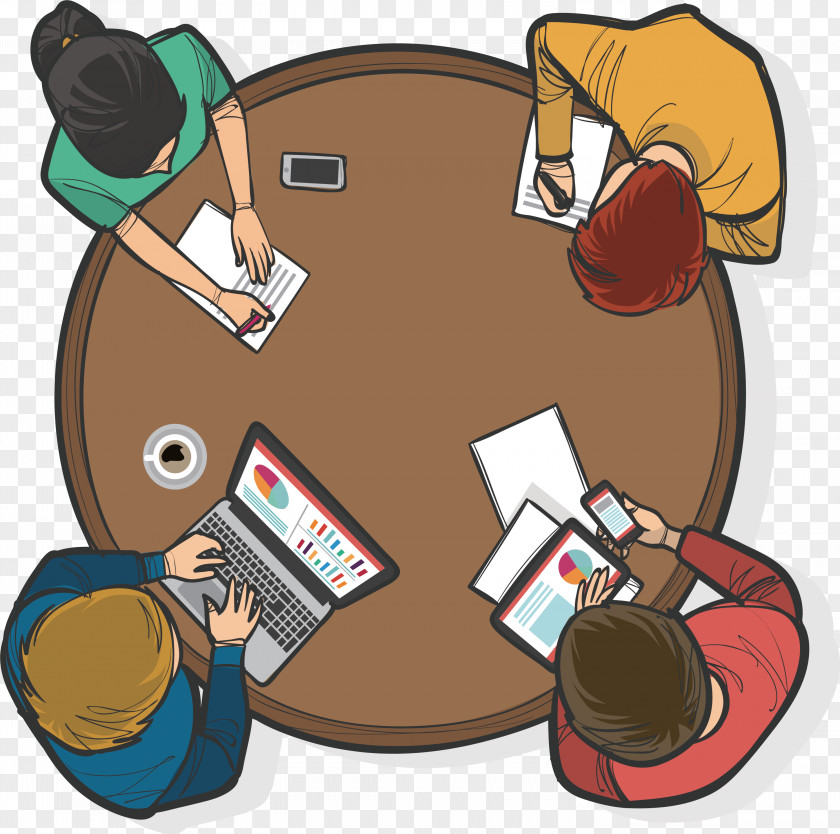 Four Person Round Table Conference Teamwork Vecteur Clip Art PNG