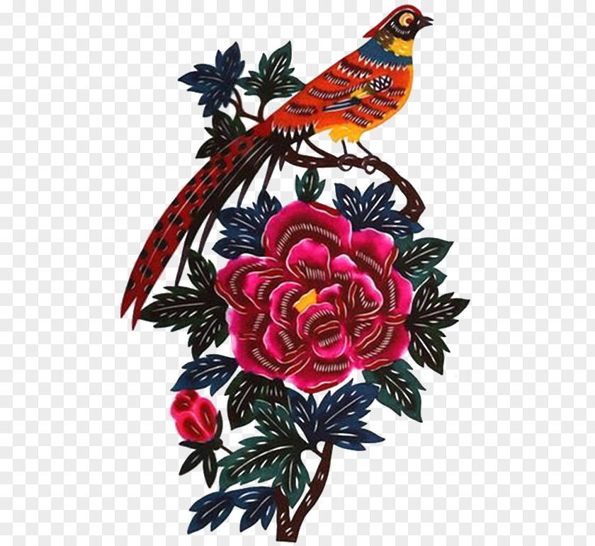 Bird Embroidery Chinese Paper Cutting Floral Design PNG